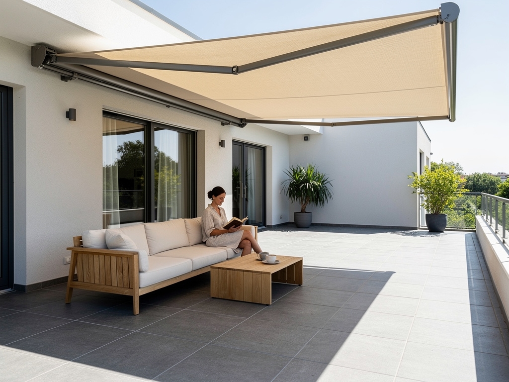 Ausgefahrene Gelenkarmmarkise über Terrassensitzbereich