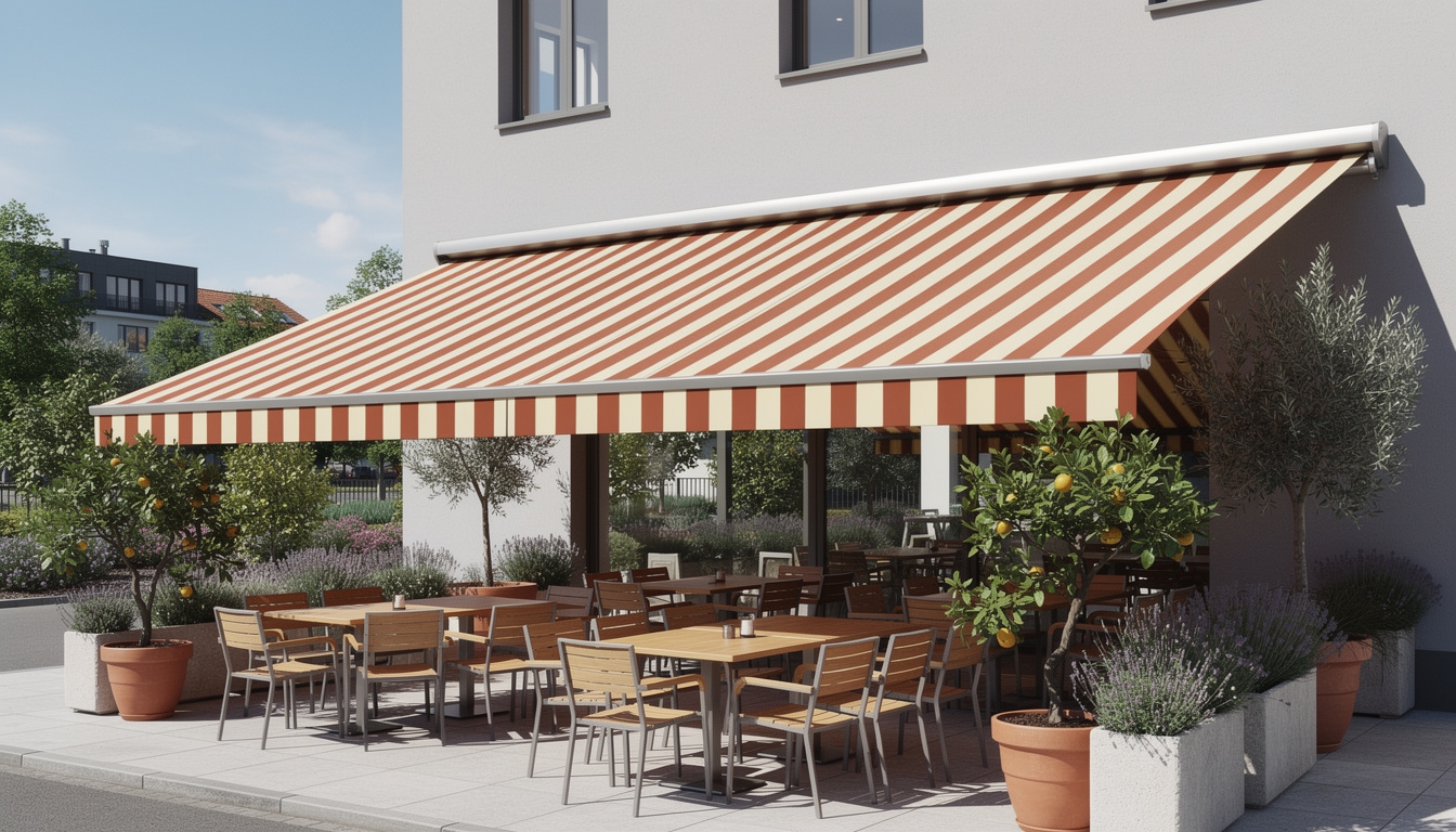 Kassettenmarkise über Gastronomieterrasse in Frankfurt